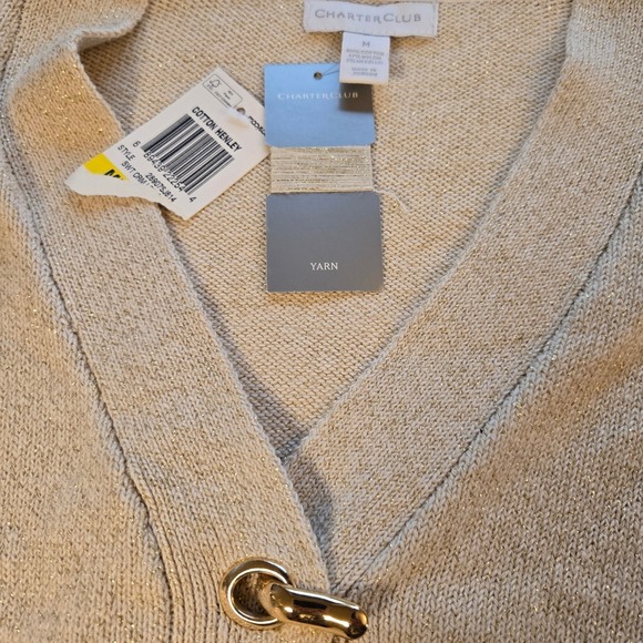 Charter Club Womens M Beige Metalic Thread Sparkle Cotton Henley Sweater Buckle - Picture 4 of 9
